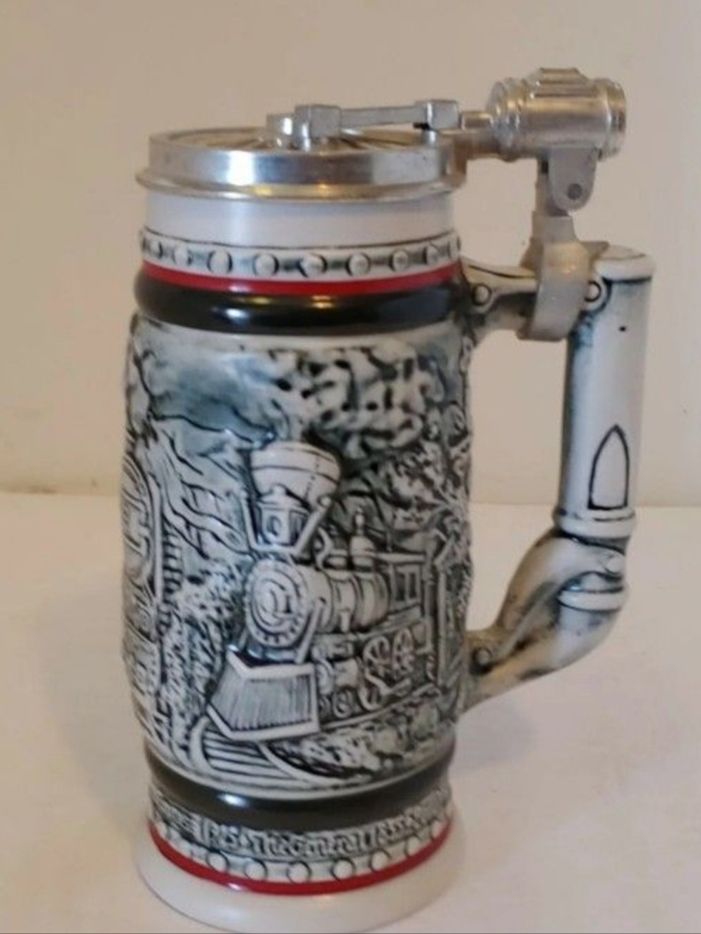 Vtg Railroad/Train Beer Stein w/ Wheel Lid By Ceramarte #376844. Made In Brazil